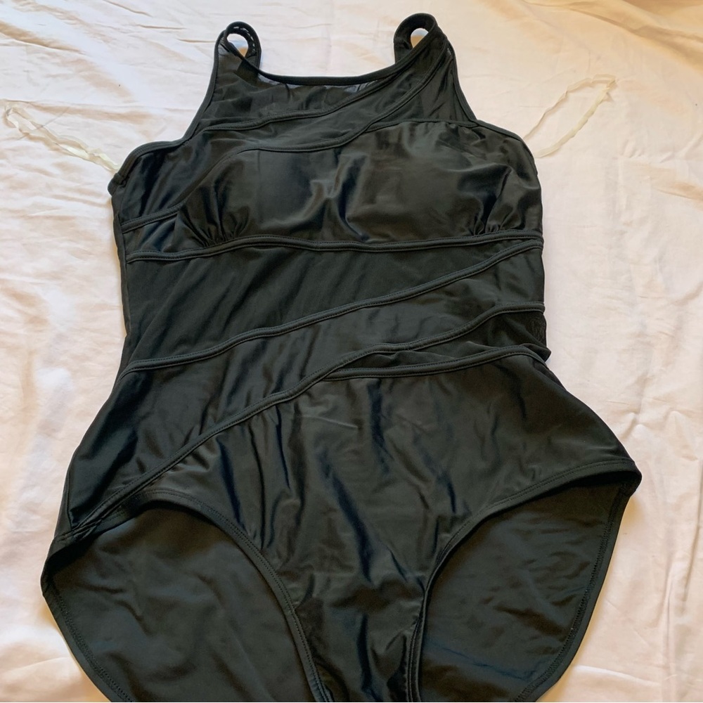 Jones New York Womens Black Mesh Wrap One Piece Swimsuit Size 14